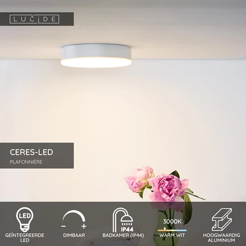 Lucide CERES-LED - Plafonnière Badkamer - Ø 21,5 cm - LED Dimb. - 1x30W 3000K - IP44 - Wit - USP